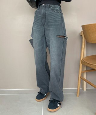 WEGO 【SMサイズ展開】サイドカットデニムストレートパンツ スミクロ