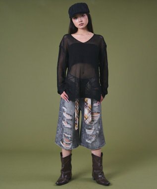 WEGO タイ付きダメージハーフデニムパンツ デニムブラック