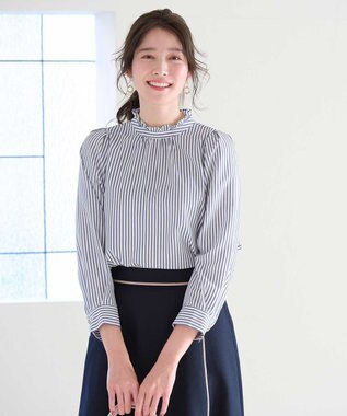 ANY SIS S 【洗える】プチフリル ブラウス ネイビーストライプ