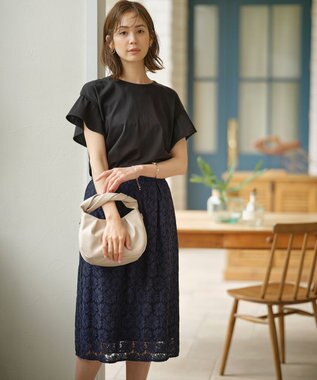 組曲 L 【UVケア・接触冷感】GIZAプレーティング天竺フリルスリーブ Tシャツ ブラック系