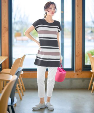 Tiaclasse 【新色追加・洗える】マルチボーダーフレンチニットチュニック チャコール×オフ×ピンク