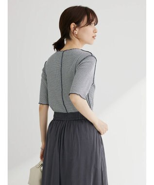 Green Parks メローリブ５分袖ボーダープルオーバー Navy