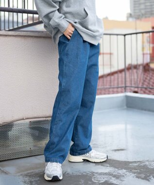 WEGO 【ユニセックス着用ITEM/ウエストゴム/SMLサイズ展開】デニムイージーストレートパンツ デニム中濃色
