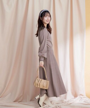 Tiaclasse 【洗える】リボン衿配色ニットワンピース ピンクモカ