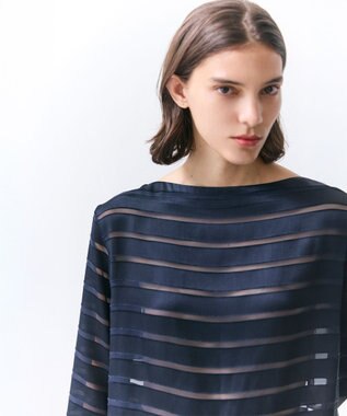 BEIGE， HAUYNITE / ボーダーシアー ボートネックブラウス Navy