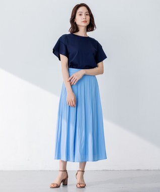 組曲 【洗える】シルケットポンチ フリルスリーブ カットソー ネイビー系