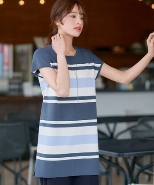 Tiaclasse 【新色追加・洗える】マルチボーダーフレンチニットチュニック ブルー×オフ×サックス