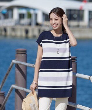 Tiaclasse 【新色追加・洗える】マルチボーダーフレンチニットチュニック ネイビー×オフ×ラベンダー