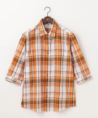 JOSEPH ABBOUD 【キングサイズ・サスティナブル】リヨセルリネンチェック 七分袖シャツ オレンジ系4