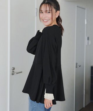 Tiaclasse 【吸水発熱・洗える】袖口ドッキングカットソープルオーバー ブラック