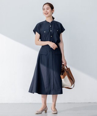 組曲 【洗える・涼感】シアーボイルバンドカラー ブラウス ネイビー系