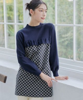 Tiaclasse L 【洗える】ジャカードフリルチュニック ネイビー