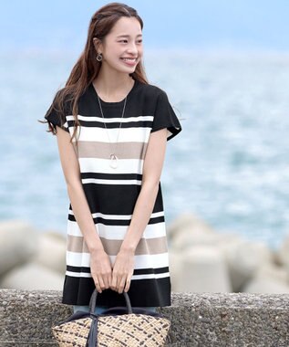 Tiaclasse 【新色追加・洗える】マルチボーダーフレンチニットチュニック ブラック×オフ×モカ