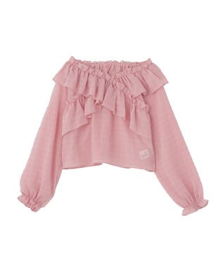 earth music&ecology シアーチェック2wayオフショルブラウス Pink