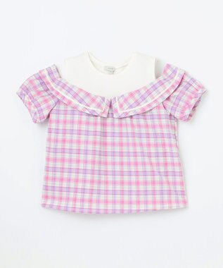 ANY KIDS チェック オフショルダー ブラウス ピンク