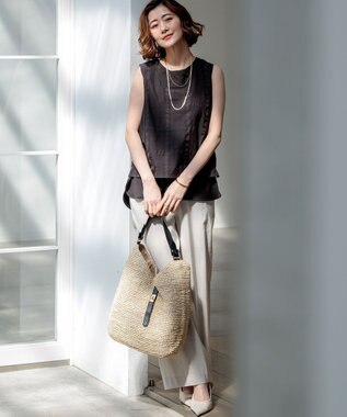 23区 【先行予約】シアーチェックレイヤード スリーブレス Tブラウス ダークブラウン系