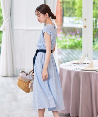 Tiaclasse 【洗える】配色刺繍レースワンピース サックス×ネイビー