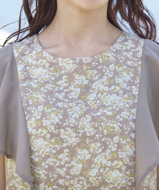 Tiaclasse 【洗える】フレアスリーブ花柄サックワンピース モカ