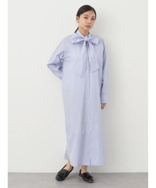 earth music&ecology ボウタイシャツワンピース Stripe Blue