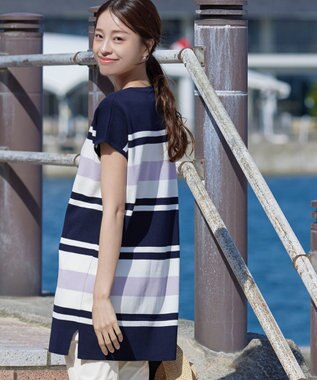 Tiaclasse 【新色追加・洗える】マルチボーダーフレンチニットチュニック ネイビー×オフ×ラベンダー