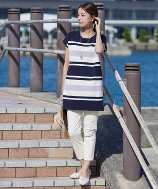 Tiaclasse 【新色追加・洗える】マルチボーダーフレンチニットチュニック ネイビー×オフ×ラベンダー