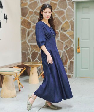 Tiaclasse 【洗える】デニムタックギャザーワンピース ネイビー