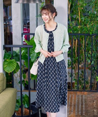 Tiaclasse 【洗える】配色刺繍レースワンピース ネイビー×ネイビー