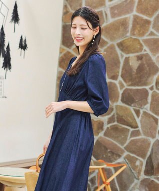 Tiaclasse 【洗える】デニムタックギャザーワンピース ネイビー