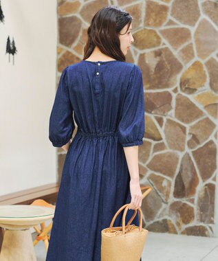 Tiaclasse 【洗える】デニムタックギャザーワンピース ネイビー