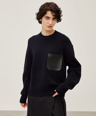 BEIGE， 【洗える】LEADER / フェイクレザーポケットクルーネックトップス Navy