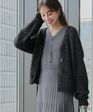 Tiaclasse 【洗える】ふわふわ片畦ラメシャギーカーディガン ブラック