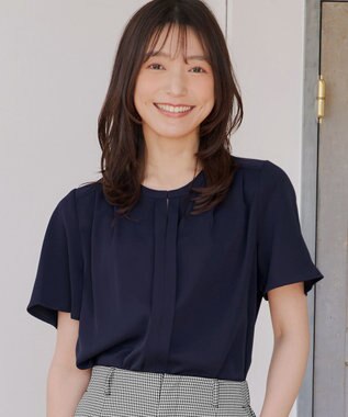 Tiaclasse 【2WAY・接触冷感・洗える】ノーカラーブラウス ネイビー