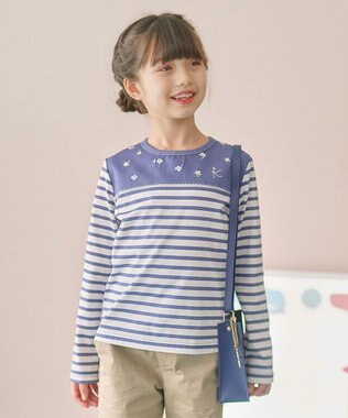 組曲 KIDS 【110-140㎝】フラワー刺繍ボーダー Tシャツ ダスクブルー系