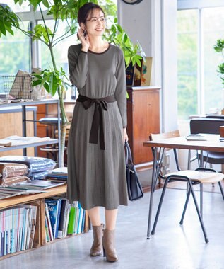 Tiaclasse 【洗える】1枚で着映えするステッチニットワンピース モカ×ブラウン