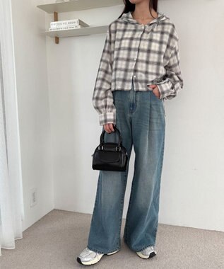 WEGO チェックショートフードシャツ ホワイトアイボリー