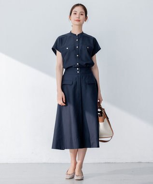 組曲 【洗える・涼感】シアーボイルバンドカラー ブラウス ネイビー系