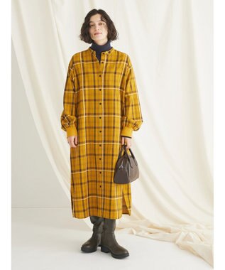 CRAFT STANDARD BOUTIQUE 先染めチェック（小）バンドカラー袖ＲＩＢ　ＯＰ Mustard