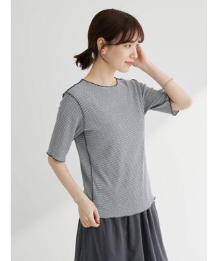 Green Parks メローリブ５分袖ボーダープルオーバー Navy