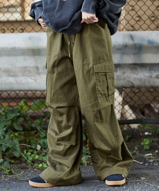 WEGO 【ウエストゴム/XSSMサイズ展開】ツイルイージーカーゴパンツ カーキ