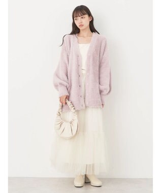 earth music&ecology ロングシャギーＶネックカーディガン Pink Beige