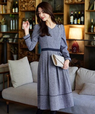 Tiaclasse 【洗える】配色パイピングフレアワンピース ネイビー