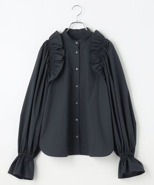#Newans 【洗濯機可能/シワになりにくい】〈春名亜美さんコラボ〉ショルダーフリルブラウス ネイビー