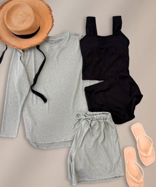 OP／FILA 【Ocean Pacific】シワ加工ラッシュガード付き タンキニデザイン水着4点セット カーキ