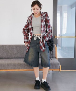 WEGO フードチェックBIGシャツ レッド