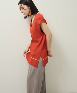 Green Parks 裾ラインケーブルニットベスト Orange
