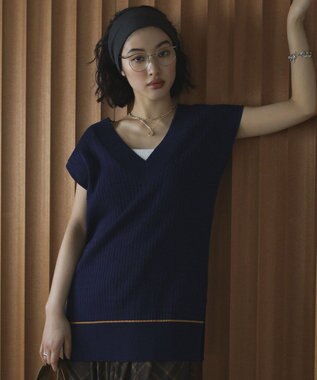 Green Parks 裾ラインケーブルニットベスト Navy