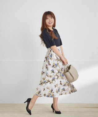 Tiaclasse L 【洗える】フラワープリントドッキングワンピース ブラック×オフホワイト