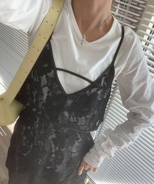 Green Parks AnriettMusee シャーリングスリーブＴシャツ＋レースキャミソールＳＥＴ Black