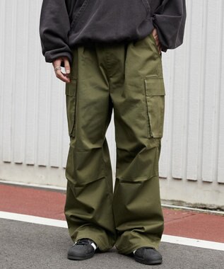 WEGO 【ウエストゴム】イージーワイドカーゴパンツ カーキ