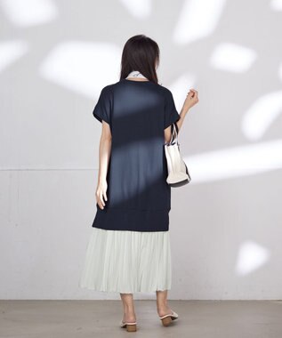 Tiaclasse 【洗える】裏毛プリーツコンビワンピース ネイビー×オフ